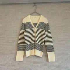 《良品》IENA☆ウールコットン2x2リブカーディガン ナチュラル×ネイビー