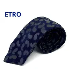 ETRO イタリア製ネクタイ　藍色×グレー　ペイズリー　シルク100%ナロータイ