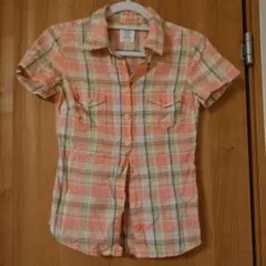 H＆М　チェック柄半袖シャツ　レディース　オレンジ　XXS