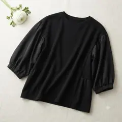 【a.v.v】異素材切替ボリューム袖チュニック カットソー黒 ブラウス風【M】のサムネイル