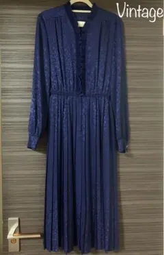 Vintage ロングワンピース 総柄 プリーツ ネイビー  モダン 昭和レトロ
