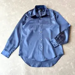 極美品☆UENOYA 上野屋／メンズ サテンシャツ L 青 長袖 光沢 日本製のサムネイル