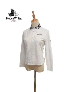 ブラック&ホワイト　ボーダー　襟付き　長袖　ポロシャツ　胸ロゴ　刺繍