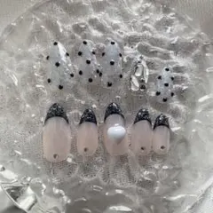 【現品】即購入可 ネイルチップ 黒白 量産型 推し活 韓国風 ドット フレンチ