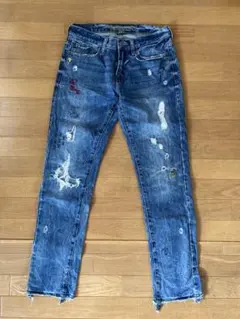 【美品】ダメージ加工ブルーデニムパンツ