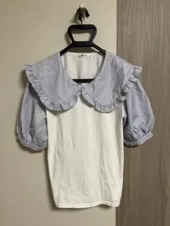 カットソー　パフスリープ　ストライプ　ホワイト　大襟　M　半袖　INGNI