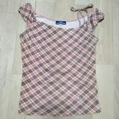 バーバリーブルーレーベル　肩リボン付トップス　ノバチェック　ピンク　Y2K　38