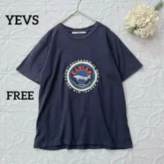 イーブス　キャビア刺繍Tシャツ　半袖　ネイビー　コットン　古着　カジュアル　春夏のサムネイル