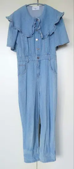 フリル襟 デニムオールインワン