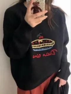 Sibra 刺繍ニットプルオーバー　黒　ブラック