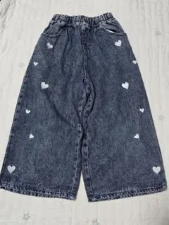 ハート柄刺繍　デニムワイドパンツ