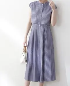 エヌナチュラルビューティーベーシック　ストライプ シャツワンピースM ネイビー