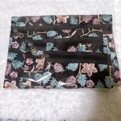 「新品」 総柄刺繍 メッシュポーチ 3点セット 花柄 マルチポーチ ブラック　春