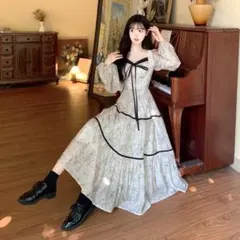 ヴィンテージ風ロングワンピース 大きいサイズドレス 新品秋冬長袖レトロ