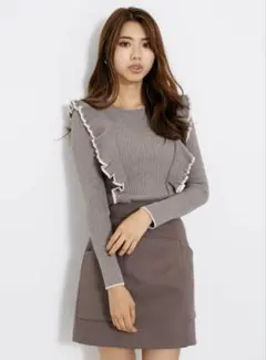 rienda バイカラーフリルリブニット