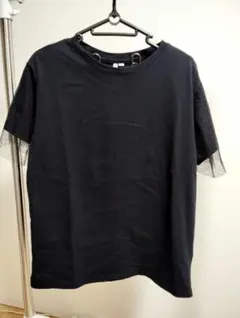 チュール付 半袖Tシャツ 黒　L