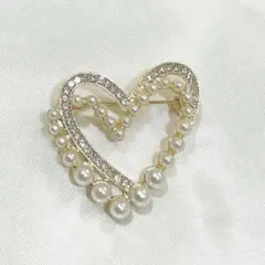 ハート　ビジュー&パール　ブローチ