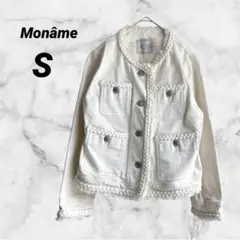 Moname モナーム【S】デニムジャケット　ノーカラー フリンジ 白