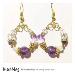 [151] アメジスト 水晶 パール フープピアス フープピアス ゴールドピアス