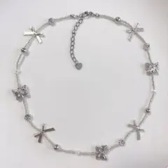 E ビーズネックレス　ハンドメイド　韓国風　蝶々　リボン