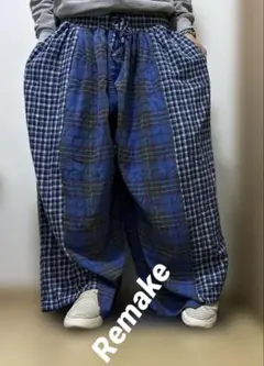 海外古着　ネルパンツ ガウチョパンツ　ブルー