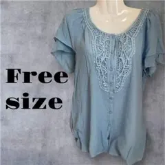 レース ブラウス フリーサイズ ブルー系 涼しげ フェミニン フリルスリーブ