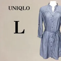 【美品】ユニクロ ベルト付デニム風 七分袖 半袖 シャツワンピース L ブルー