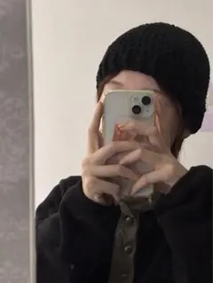 ハンドメイド 黒 ニット帽 ビーニー ハンドメイド ブラック 帽子クロシェハット