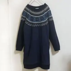 ビームスハート　ワンピース　ニット　スウェット　裏起毛　雪模様　ネイビー