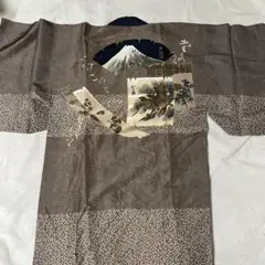 メンズ 正絹 長襦袢 リメイク ハンドメイド材料 富士山 鷹 瓢箪 茶系