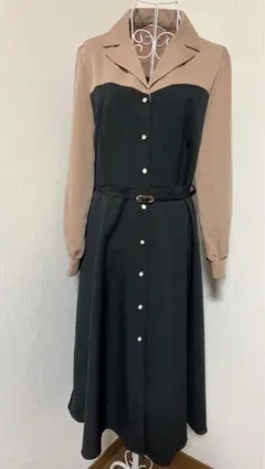 ベルト　ロングワンピース　長袖　ブラック　ベージュ