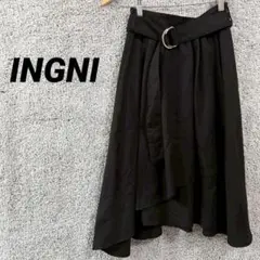 3438 イング　ロングフレアスカート　黒　ブラック　巻きスカート風　ベルト