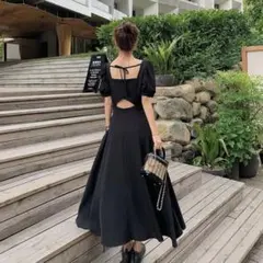 旅行用 背中開き パフスリーブロングワンピース Mリゾート イエベ ブルベ