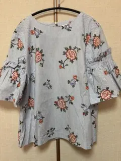 H＆M花柄ストライプ半袖ギャザースリーブブラウス