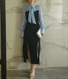 ☆eimy istoire☆ボウタイドッキングスリットニットワンピース ネイビー