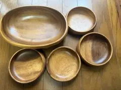 木製ボウルセット 楕円形1点 丸型4点