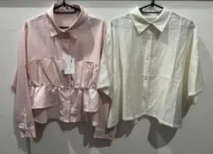 激安 しまむら LL フリルシャツ シアーシャツ 長袖 半袖 ピンク アイボリー