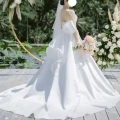 サテンAラインウェディングドレス／前撮り、結婚式／パニエ、バックリボン付き