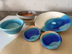 5 沖縄 うるま陶器 やちむん 角皿 4枚セット うるまブルー 陶器