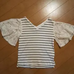 新品同様 OPAQUE.CLIP ボーダーカットソー・ボリューム袖・袖レースのサムネイル