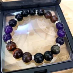 アメジスト×レッドタイガーアイ×オブシディアン 天然石パワーブレスレット16cm
