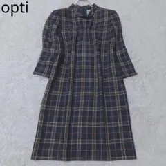 オプティ　チェックワンピース　スタンドカラー　フリル　ガーリー　カジュアル　M