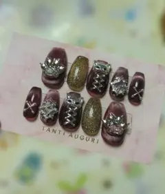 ジェルネイルチップ　地雷　ブラウンマグネット　肉球　猫マスク　クロス