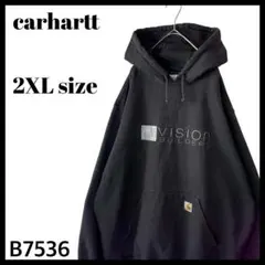 古着 カーハート パーカー フーディー 企業系プリント 黒 2XL 大きいサイズ