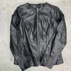 ZARA ブラック レザージャケット シングルライダース 合皮　黒 難あり　M