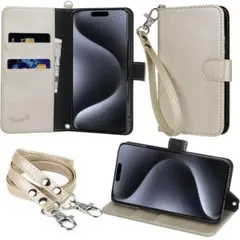 iPhone15 ProMax 対応 手帳型スマホケース ゴールドストラップ付き