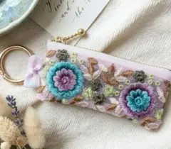 インド刺繍リボンのミニポーチ・バッグチャーム(リング付)