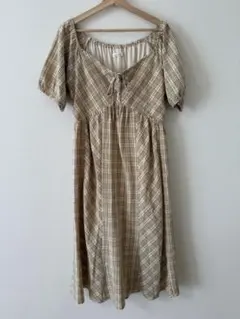 honono マタニティパフスリーブチェックワンピース Beige Sサイズ