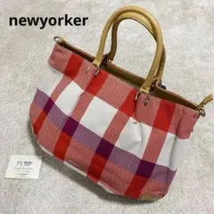 newyorker ニューヨーカー トートバッグ チェック柄 赤 本革 A4収納のサムネイル