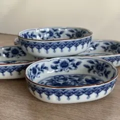 【未使用】庫山窯　染付　楕円鉢　5枚セット　小鉢　瓔珞　古伊万里　唐草